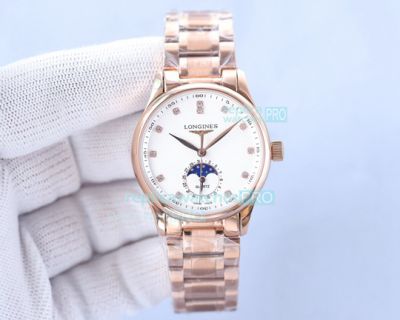 Replica Longines Moonphase Diamond White Dial Rose Gold Case Ladies Watch 34mm